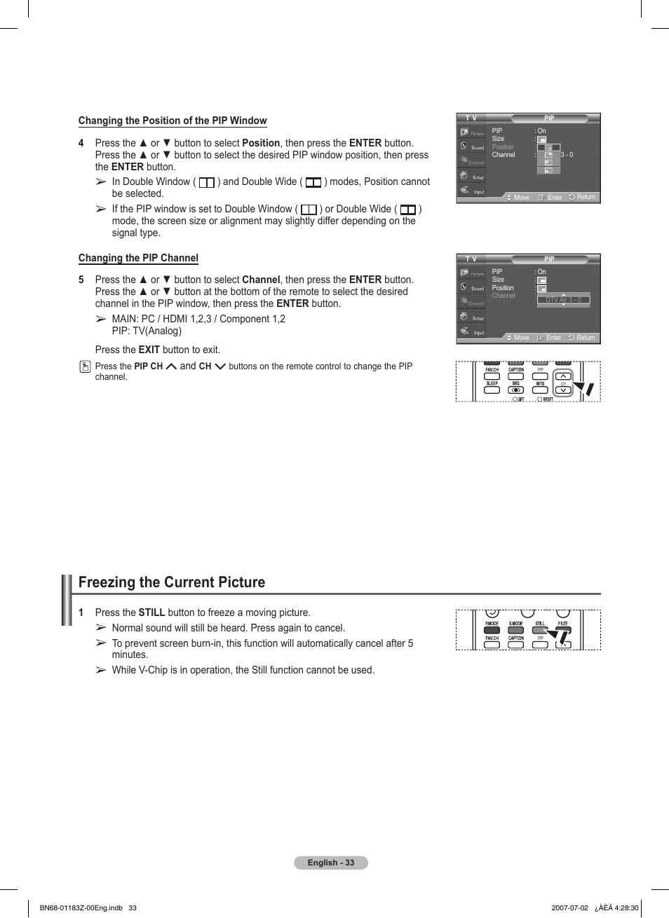 Freezing the current picture | Samsung FPT5884X-XAA User Manual | Page 33 / 250