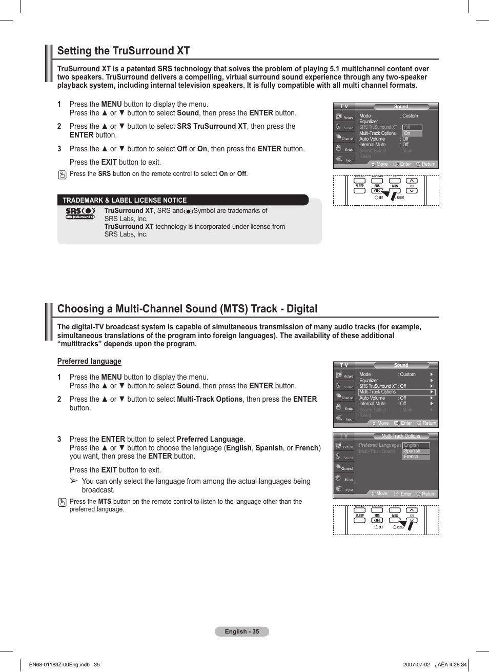 Setting the trusurround xt | Samsung FPT5884X-XAA User Manual | Page 35 / 250