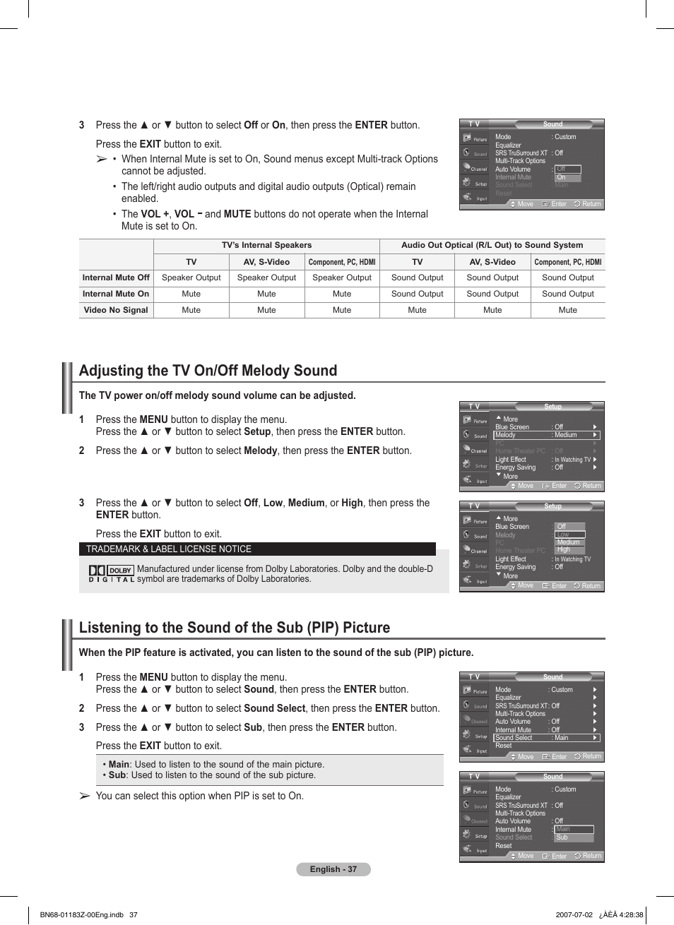 Adjusting the tv on/off melody sound, Listening to the sound of the sub (pip) picture, You can select this option when pip is set to on | Samsung FPT5884X-XAA User Manual | Page 37 / 250
