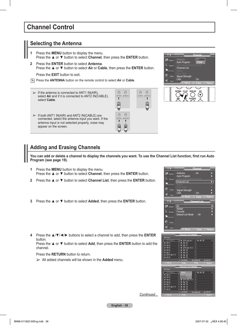 Channel control, Selecting the antenna, Adding and erasing channels | Samsung FPT5884X-XAA User Manual | Page 38 / 250