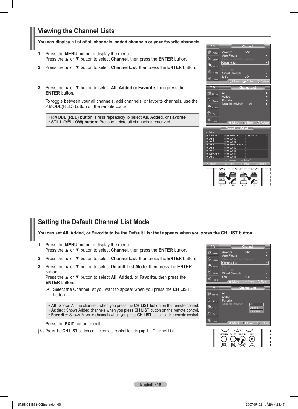 Viewing the channel lists, Setting the default channel list mode, Press the exit button to exit | Samsung FPT5884X-XAA User Manual | Page 40 / 250
