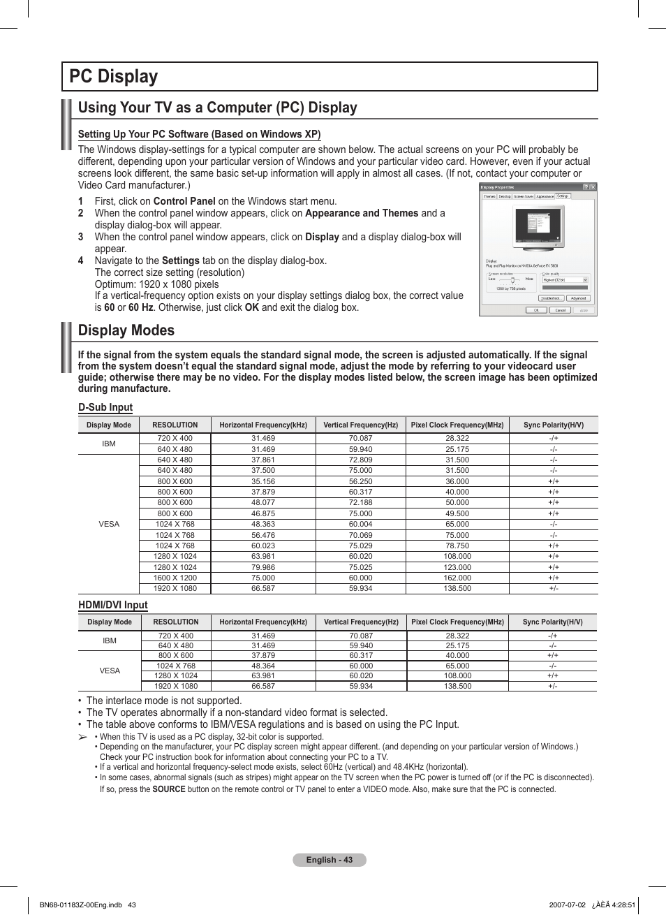 Pc display, Using your tv as a computer (pc) display, Display modes | Samsung FPT5884X-XAA User Manual | Page 43 / 250