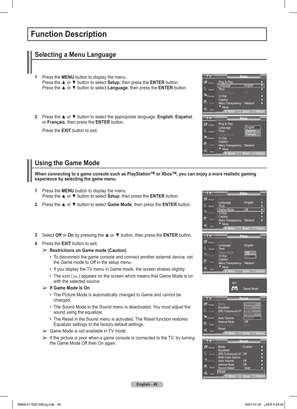 Function description, Selecting a menu language, Using the game mode | Or xbox, Game mode is not available in tv mode | Samsung FPT5884X-XAA User Manual | Page 49 / 250