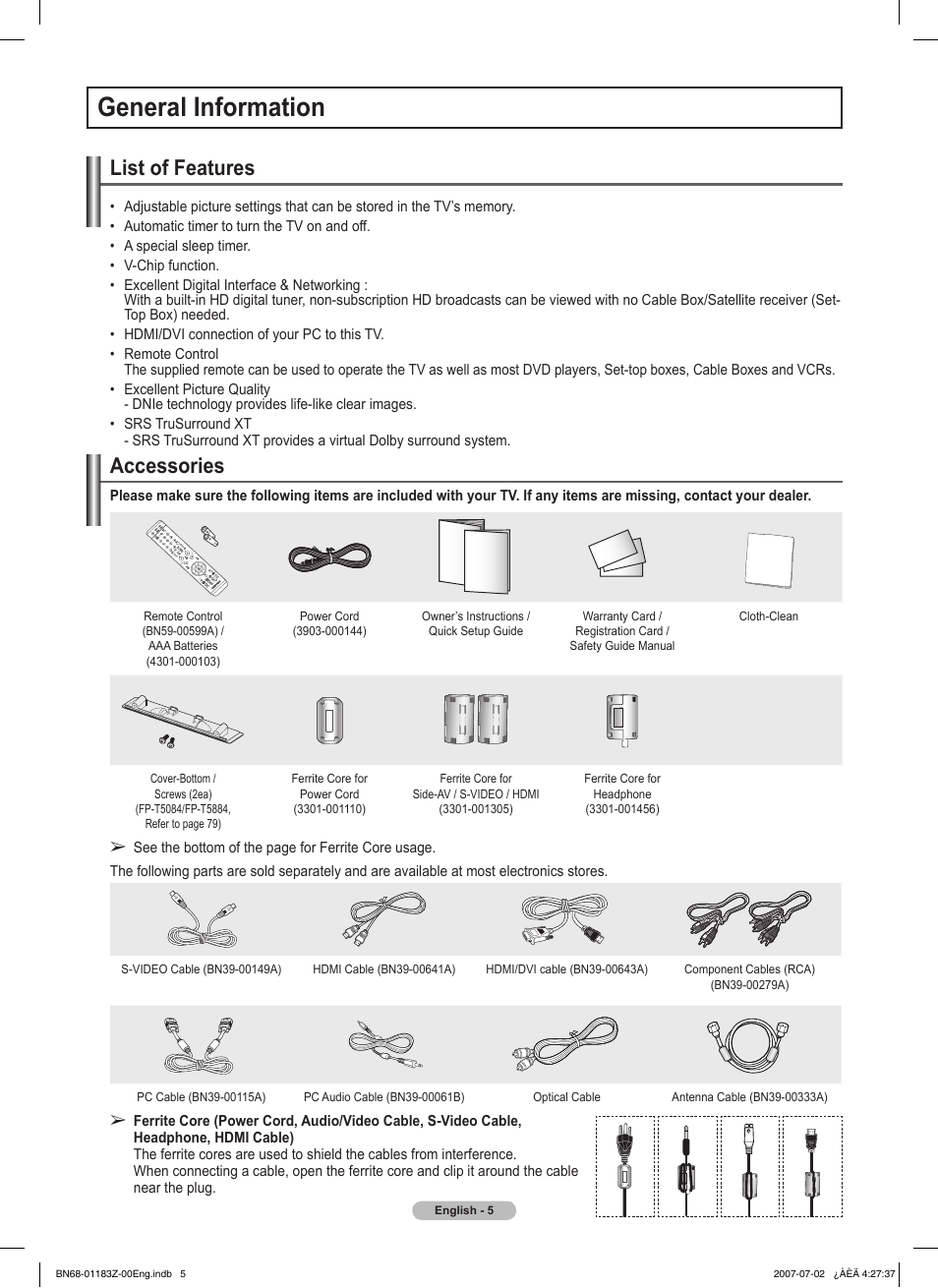 General information, List of features, Accessories | Samsung FPT5884X-XAA User Manual | Page 5 / 250