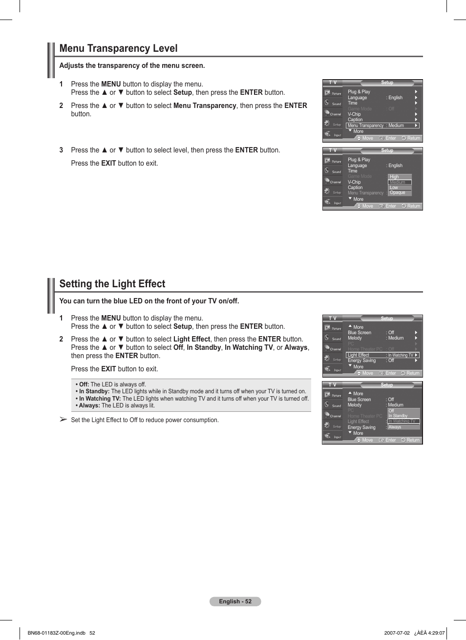 Menu transparency level, Setting the light effect | Samsung FPT5884X-XAA User Manual | Page 52 / 250