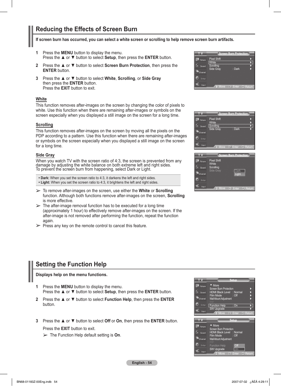 Reducing the effects of screen burn, Setting the function help | Samsung FPT5884X-XAA User Manual | Page 54 / 250