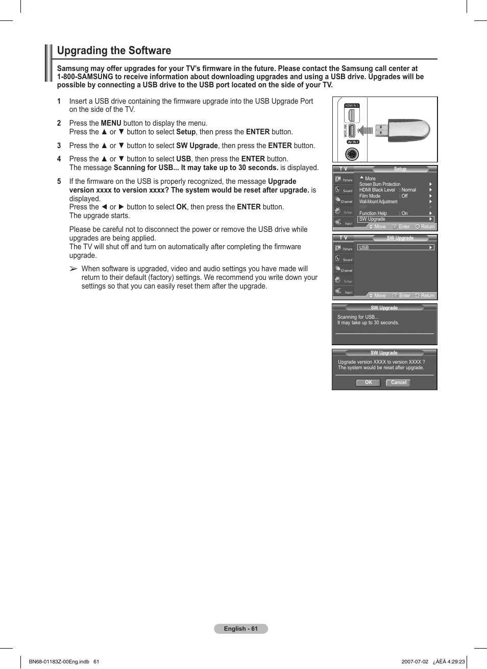 Upgrading the software | Samsung FPT5884X-XAA User Manual | Page 61 / 250