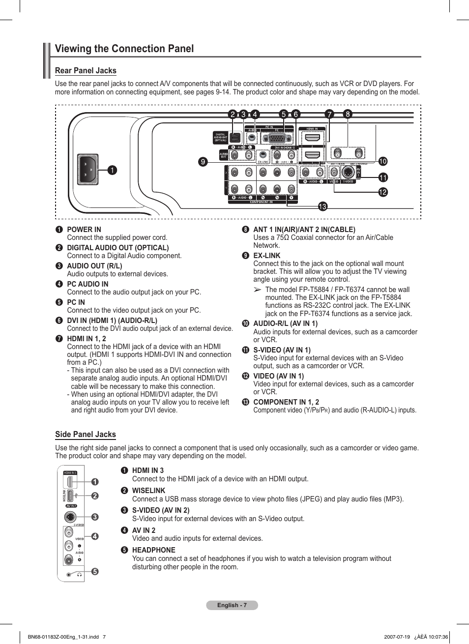 Viewing the connection panel | Samsung FPT5884X-XAA User Manual | Page 7 / 250