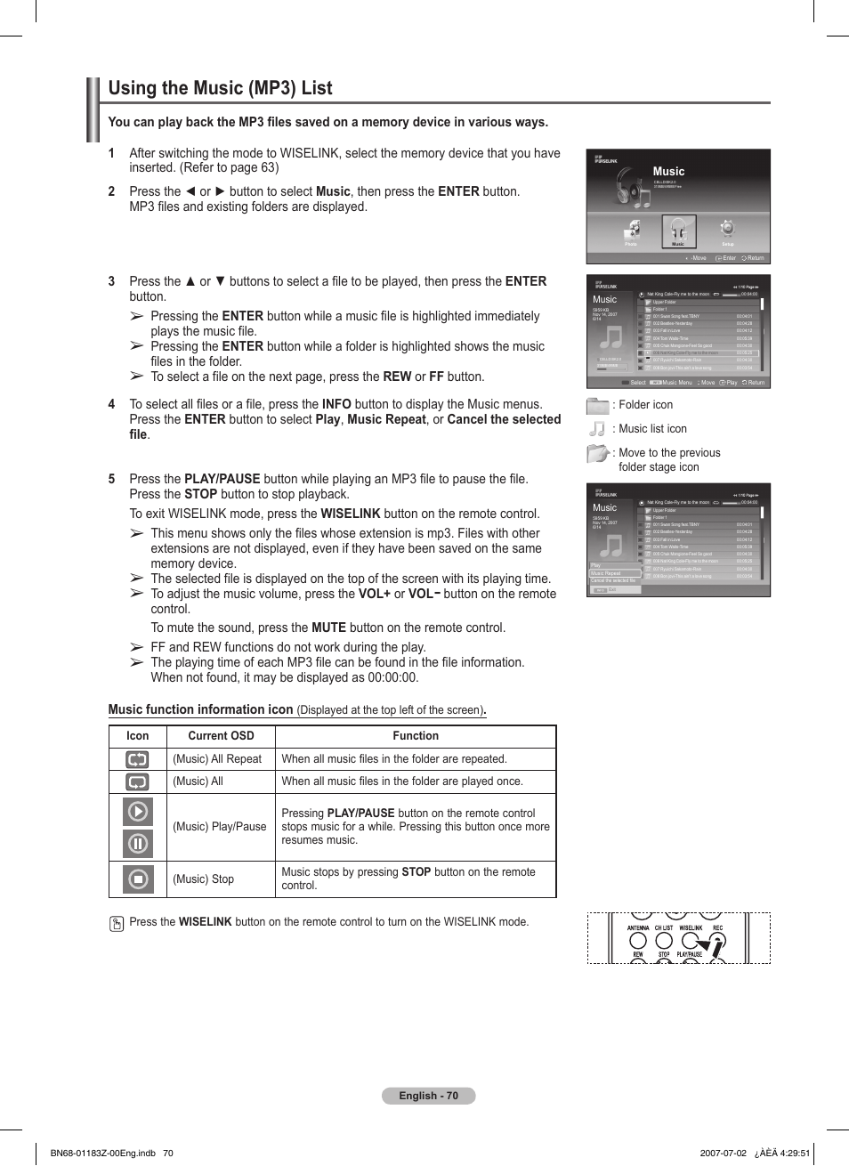 Using the music (mp3) list, Ff and rew functions do not work during the play | Samsung FPT5884X-XAA User Manual | Page 70 / 250