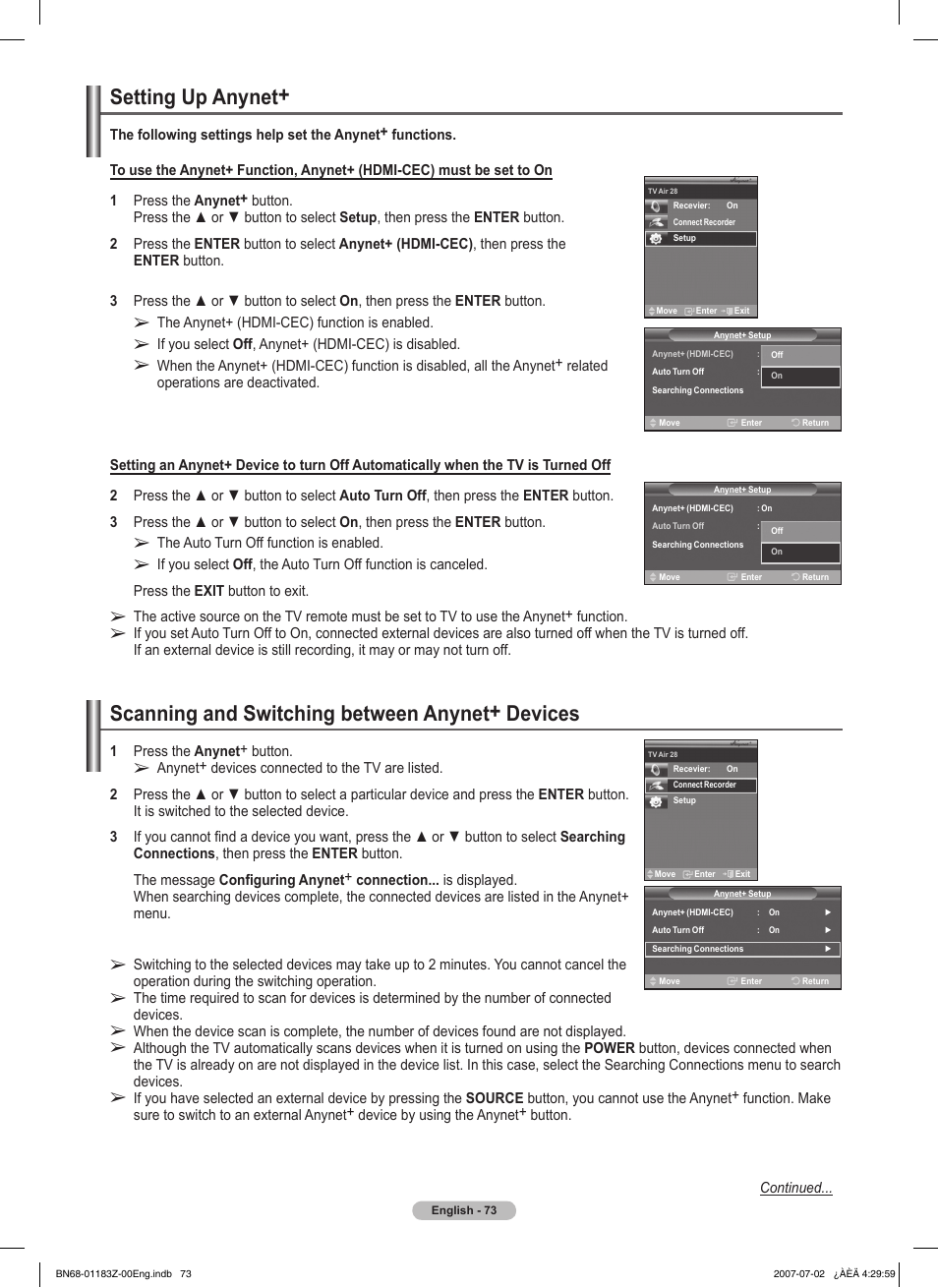Setting up anynet, Scanning and switching between anynet+ devices | Samsung FPT5884X-XAA User Manual | Page 73 / 250