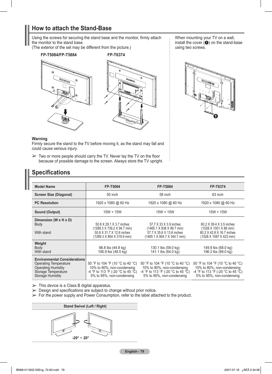 How to attach the stand-base, Specifications | Samsung FPT5884X-XAA User Manual | Page 79 / 250