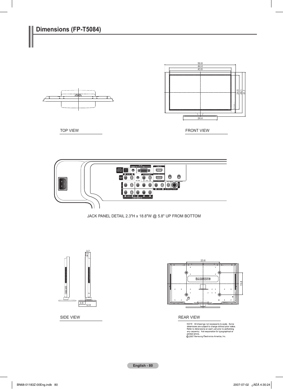 Dimensions (fp-t5084) | Samsung FPT5884X-XAA User Manual | Page 80 / 250