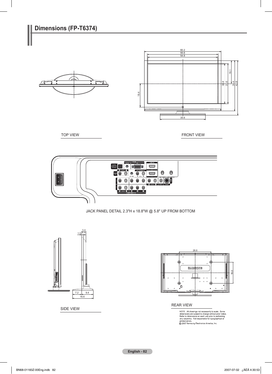 Dimensions (fp-t6374), This page is intentionally left blank | Samsung FPT5884X-XAA User Manual | Page 82 / 250