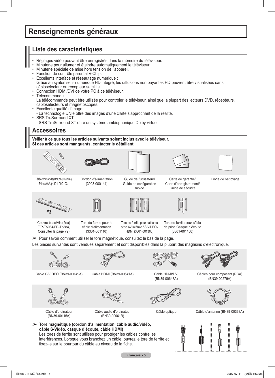 Renseignements généraux, Liste des caractéristiques, Accessoires | Samsung FPT5884X-XAA User Manual | Page 89 / 250