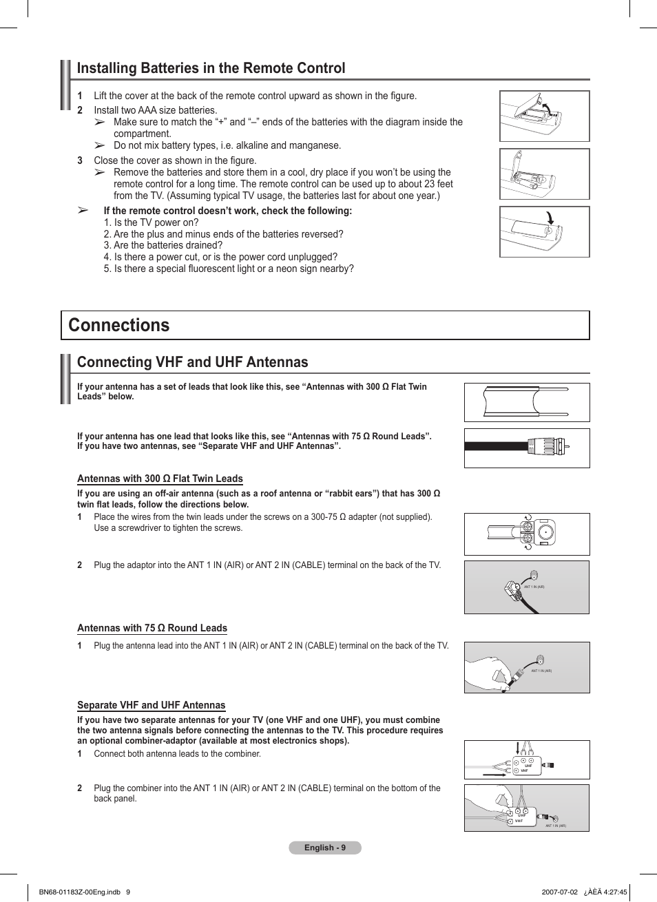 Installing batteries in the remote control, Connections, Connecting vhf and uhf antennas | Samsung FPT5884X-XAA User Manual | Page 9 / 250