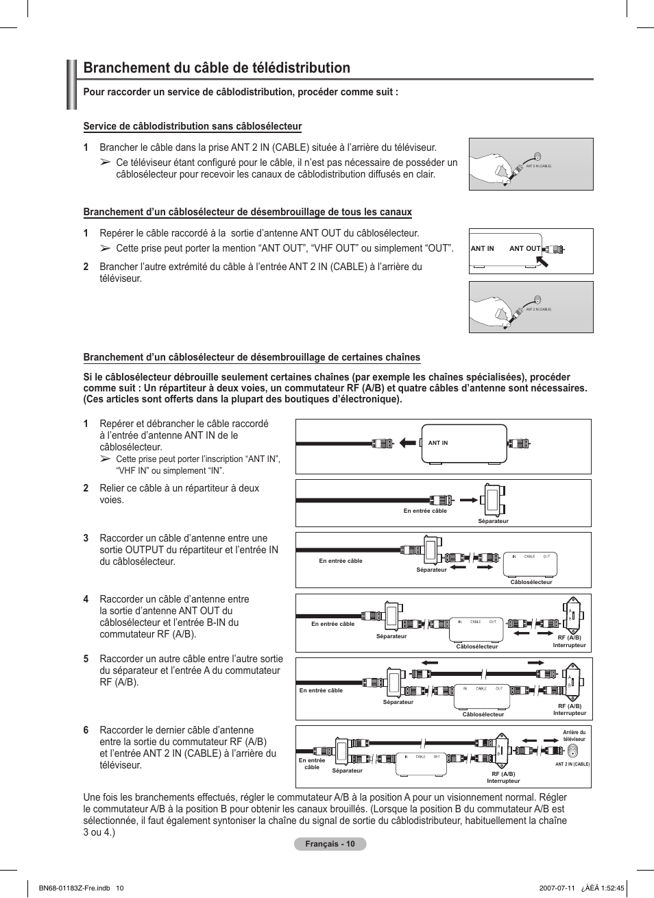 Branchement du câble de télédistribution | Samsung FPT5884X-XAA User Manual | Page 94 / 250