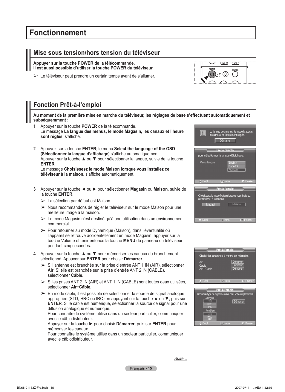 Fonctionnement, Mise sous tension/hors tension du téléviseur, Fonction prêt-à-l’emploi | Samsung FPT5884X-XAA User Manual | Page 99 / 250