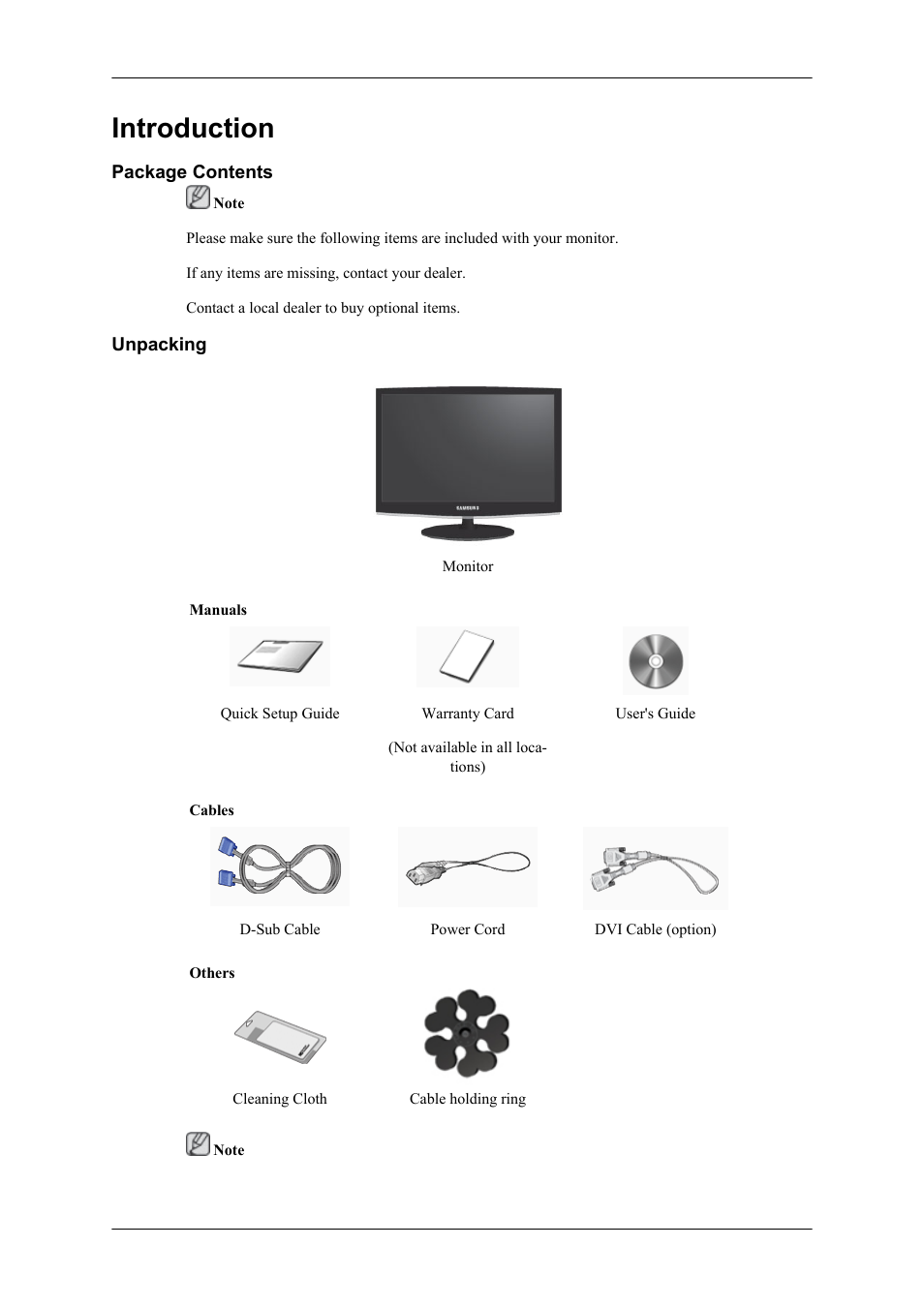 Introduction, Package contents, Unpacking | Samsung LS24CMKKFV-ZA User Manual | Page 2 / 15