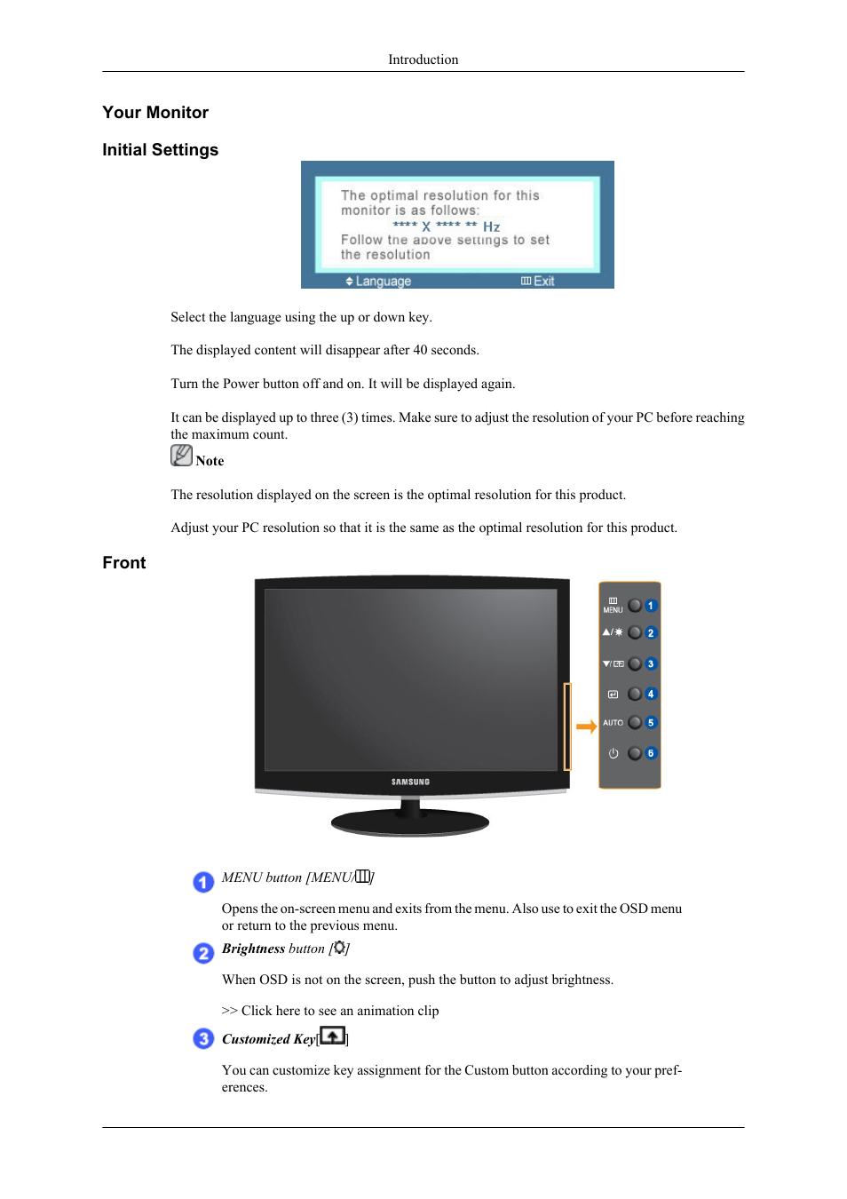 Your monitor, Initial settings, Front | Samsung LS24CMKKFV-ZA User Manual | Page 3 / 15