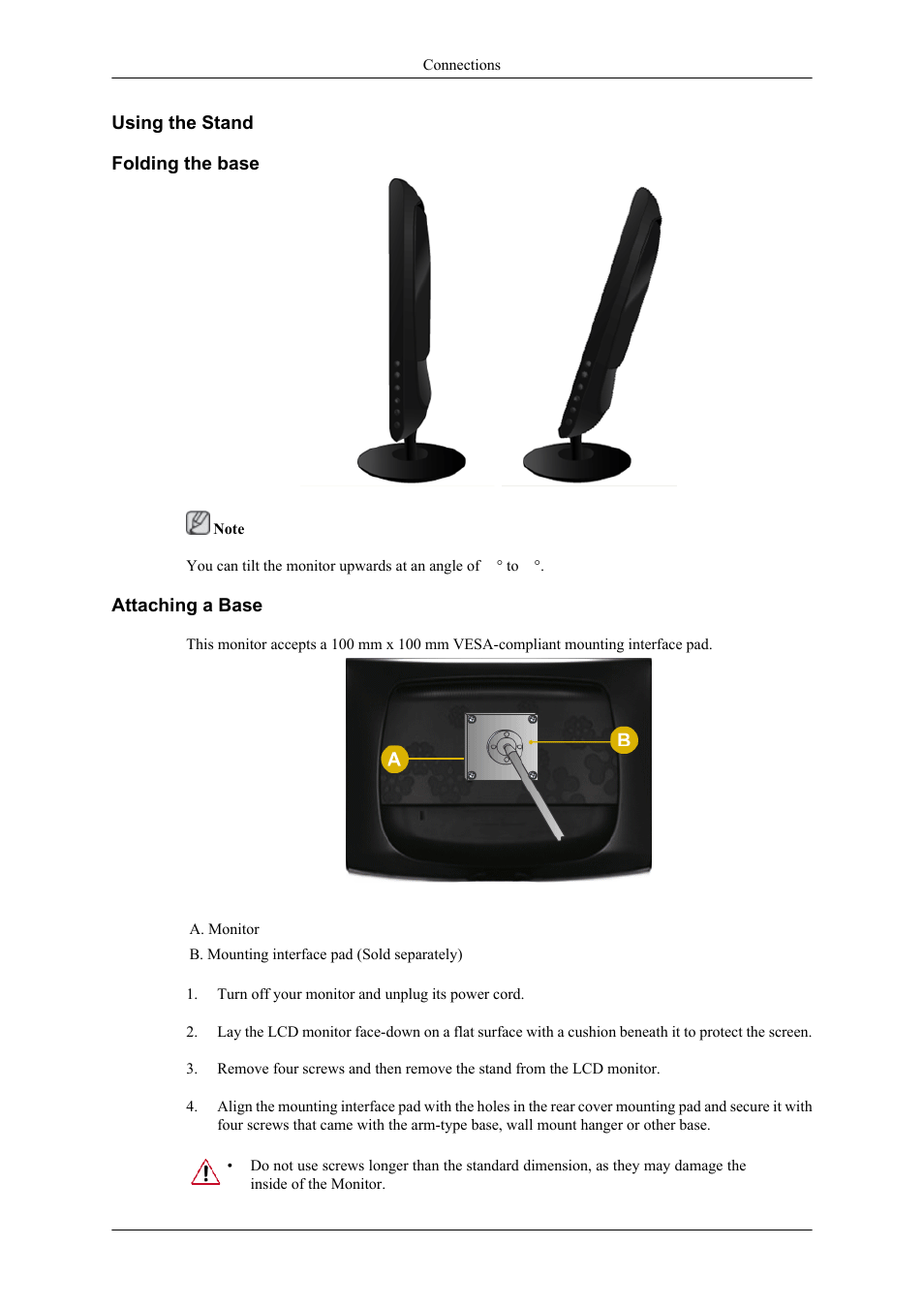 Using the stand, Folding the base, Attaching a base | Samsung LS24CMKKFV-ZA User Manual | Page 8 / 15