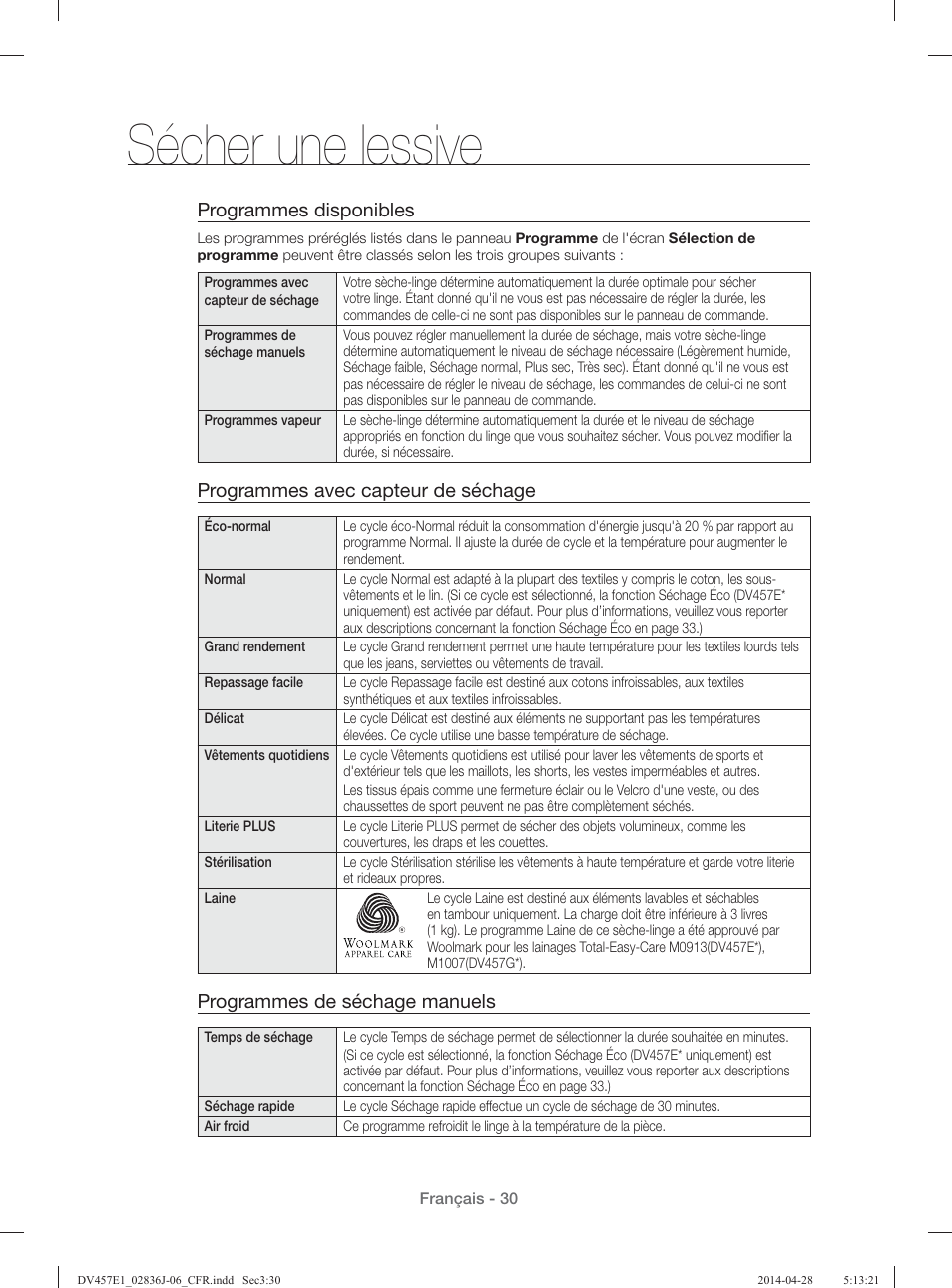 Sécher une lessive, Programmes disponibles, Programmes avec capteur de séchage | Programmes de séchage manuels | Samsung DV457E1GSGR-A1 User Manual | Page 106 / 228