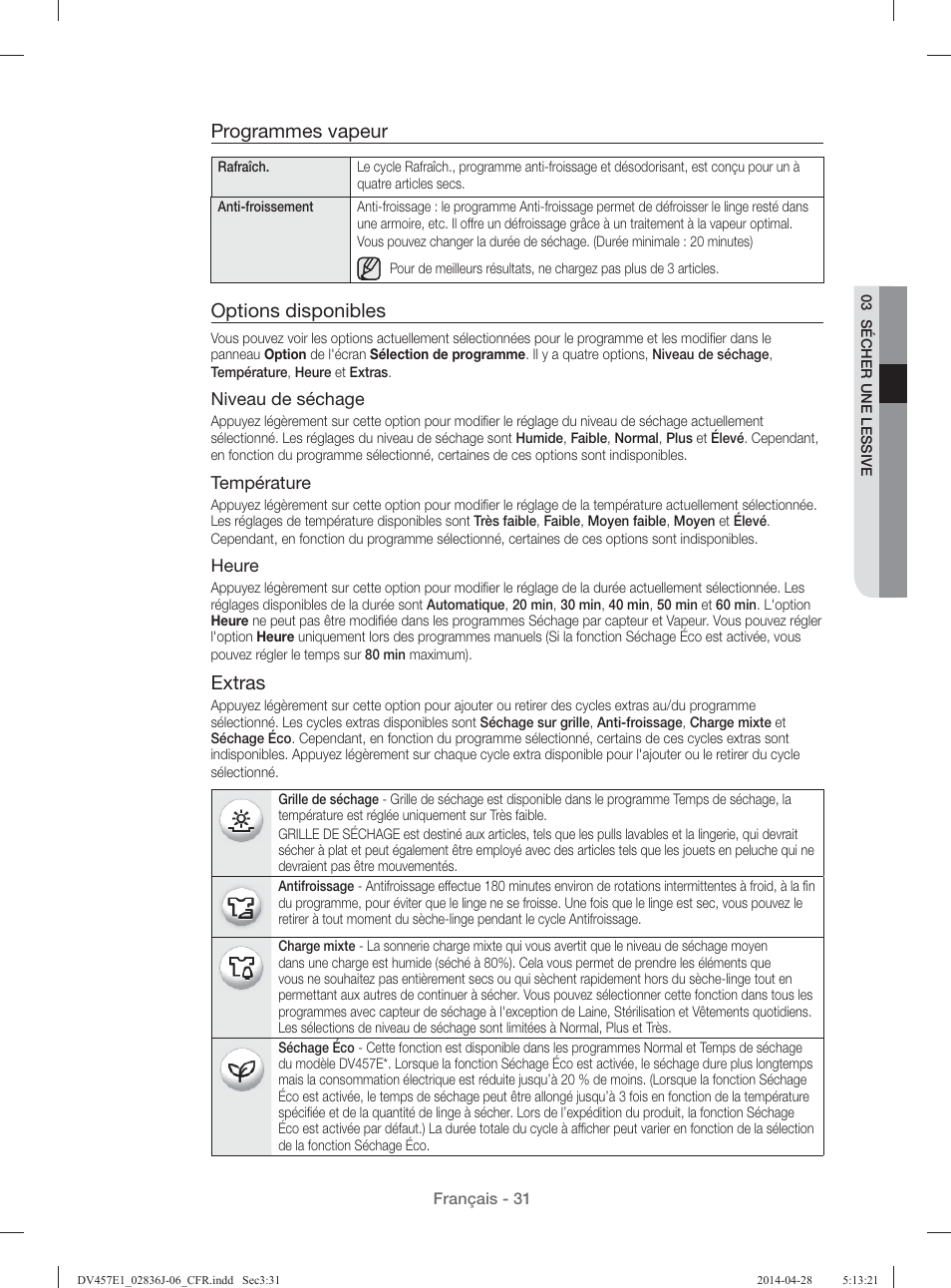 Programmes vapeur, Options disponibles, Extras | Samsung DV457E1GSGR-A1 User Manual | Page 107 / 228