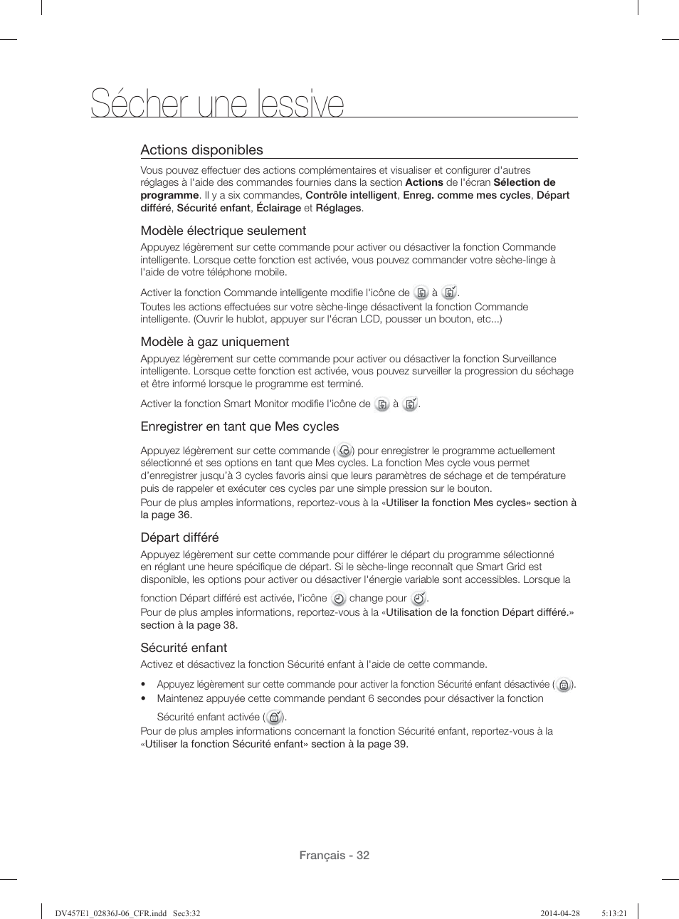 Sécher une lessive, Actions disponibles | Samsung DV457E1GSGR-A1 User Manual | Page 108 / 228