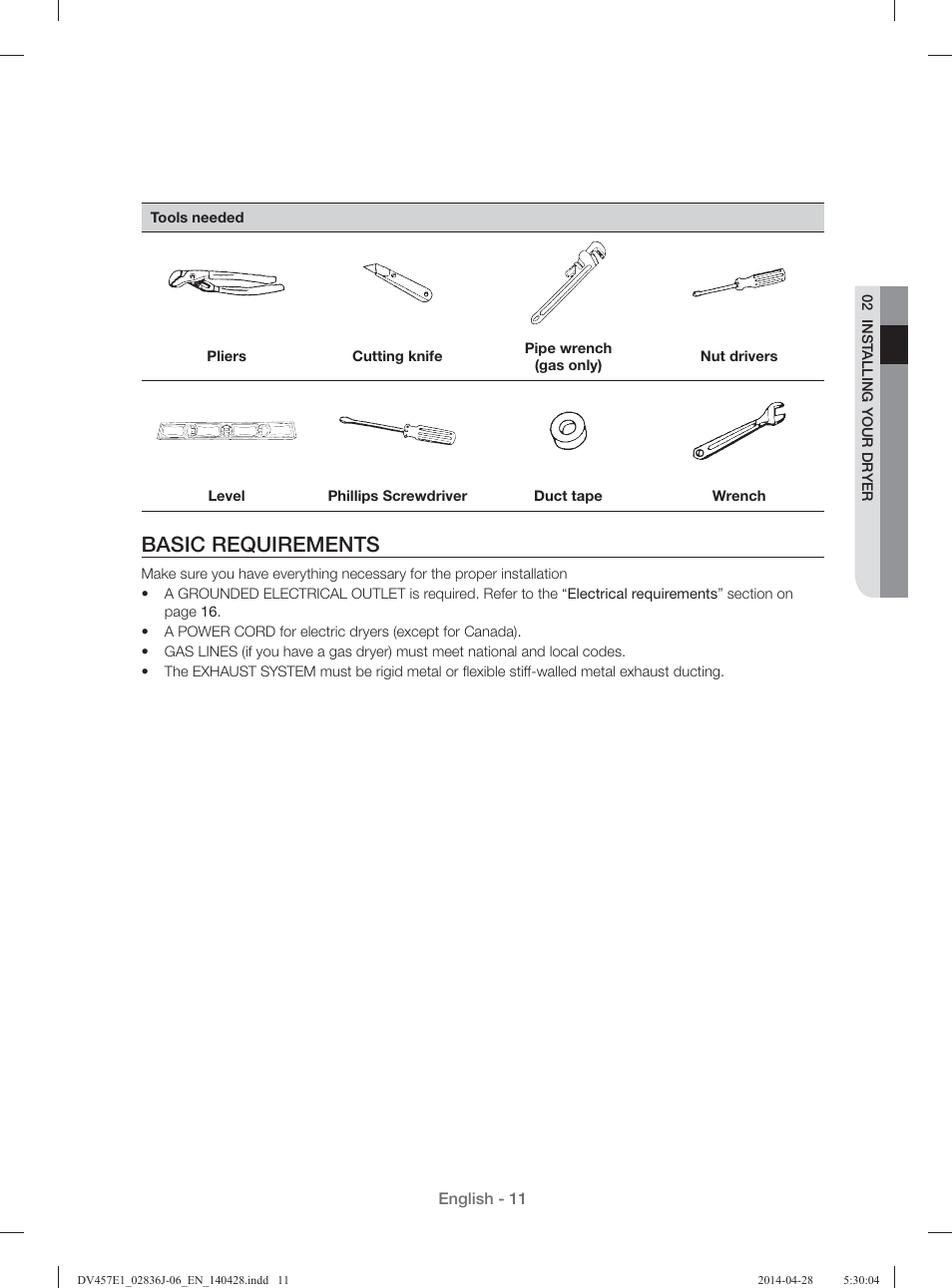 Basic requirements | Samsung DV457E1GSGR-A1 User Manual | Page 11 / 228