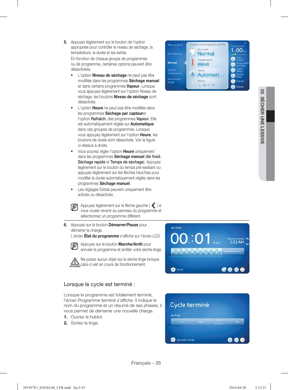 Lorsque le cycle est terminé | Samsung DV457E1GSGR-A1 User Manual | Page 111 / 228