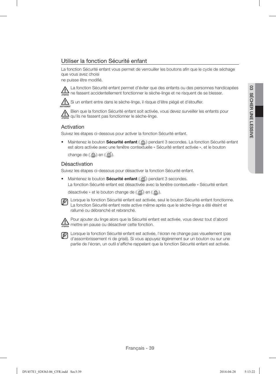 Utiliser la fonction sécurité enfant, Activation, Désactivation | Samsung DV457E1GSGR-A1 User Manual | Page 115 / 228