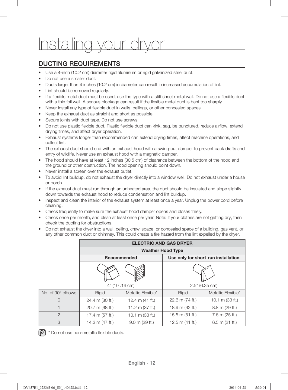 Installing your dryer, Ducting requirements | Samsung DV457E1GSGR-A1 User Manual | Page 12 / 228