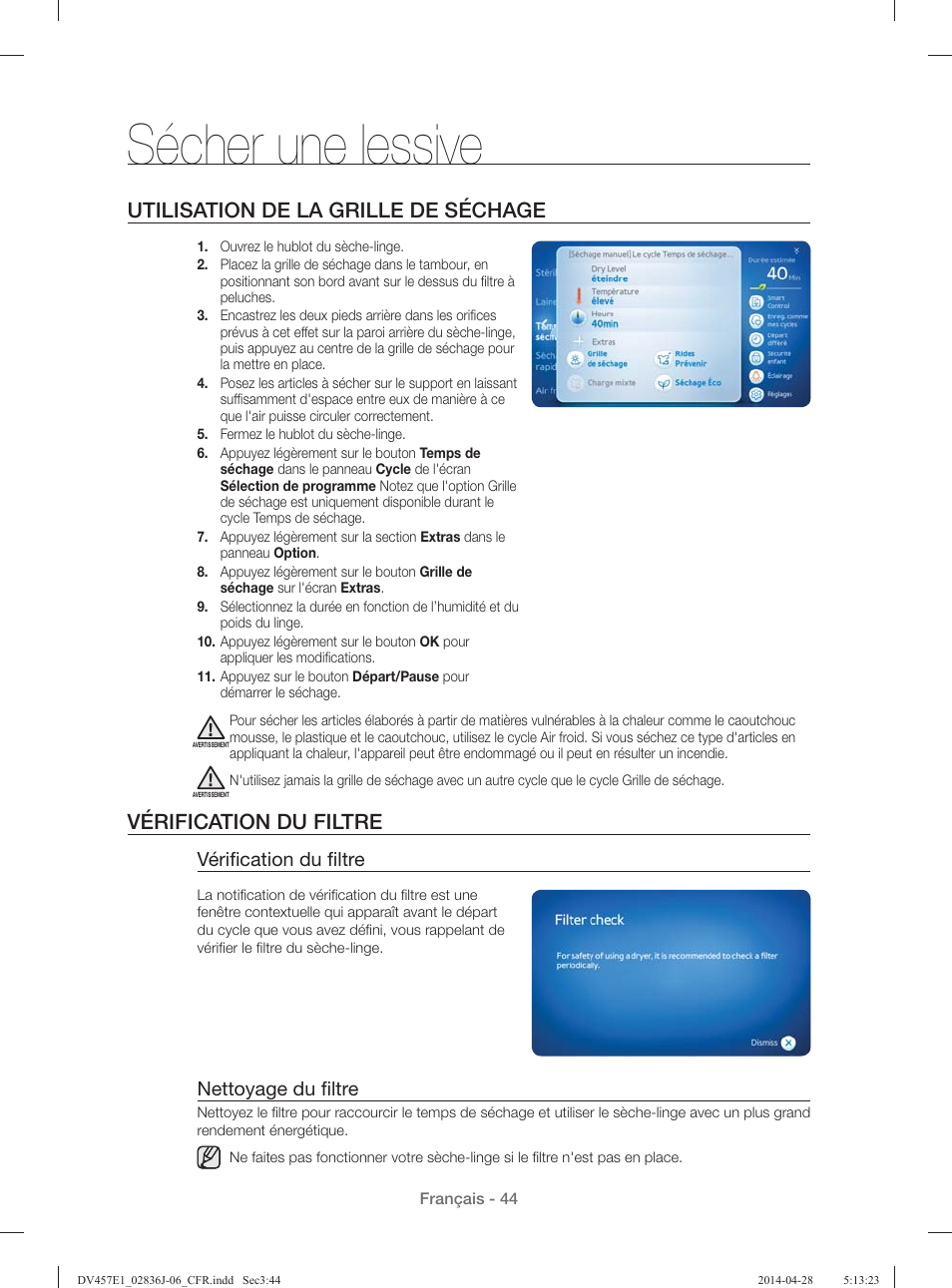 Sécher une lessive, Utilisation de la grille de séchage, Vérification du filtre | Vériﬁ cation du ﬁ ltre, Nettoyage du ﬁ ltre | Samsung DV457E1GSGR-A1 User Manual | Page 120 / 228