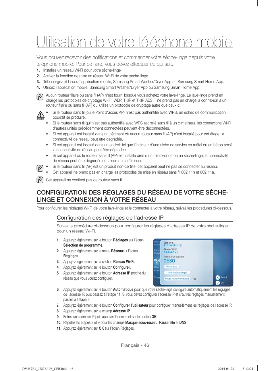 Utilisation de votre téléphone mobile, Conﬁ guration des réglages de l'adresse ip | Samsung DV457E1GSGR-A1 User Manual | Page 122 / 228