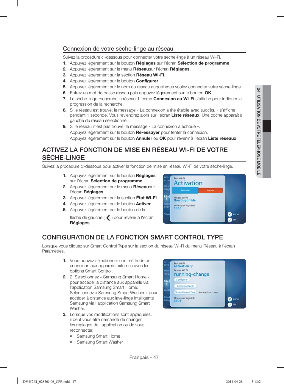 Configuration de la fonction smart control type, Connexion de votre sèche-linge au réseau | Samsung DV457E1GSGR-A1 User Manual | Page 123 / 228