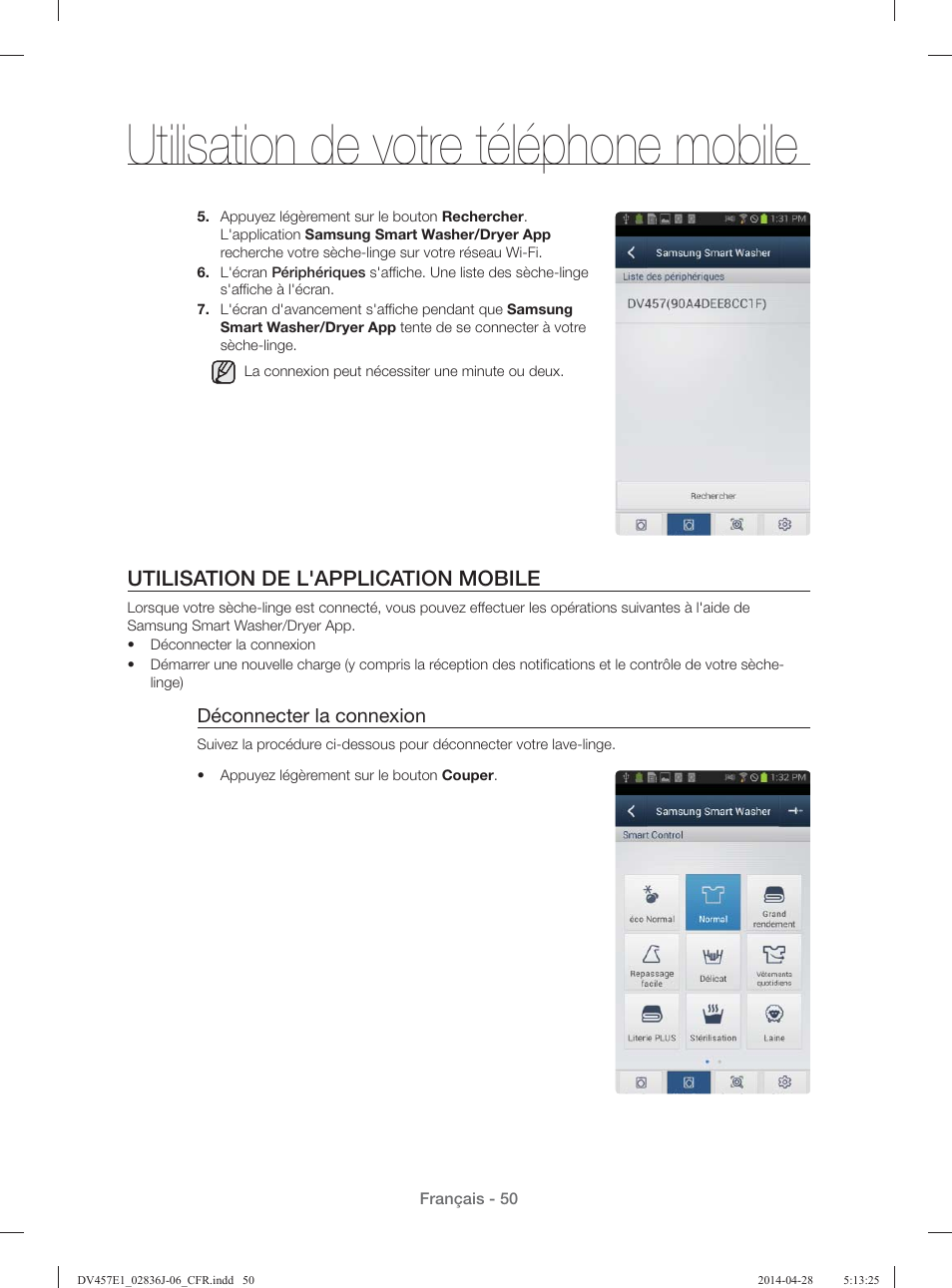 Utilisation de votre téléphone mobile, Utilisation de l'application mobile | Samsung DV457E1GSGR-A1 User Manual | Page 126 / 228