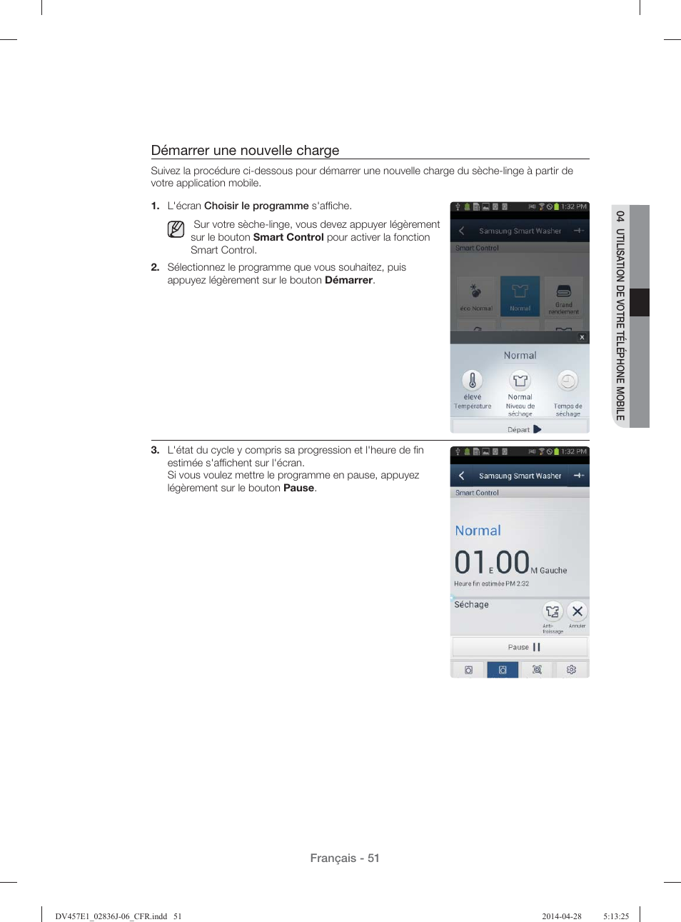 Démarrer une nouvelle charge | Samsung DV457E1GSGR-A1 User Manual | Page 127 / 228