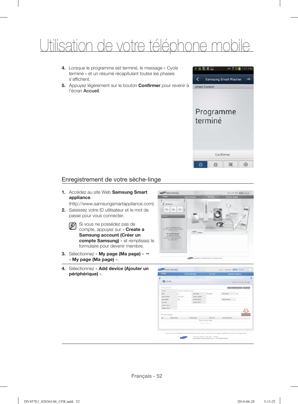 Utilisation de votre téléphone mobile, Enregistrement de votre sèche-linge | Samsung DV457E1GSGR-A1 User Manual | Page 128 / 228