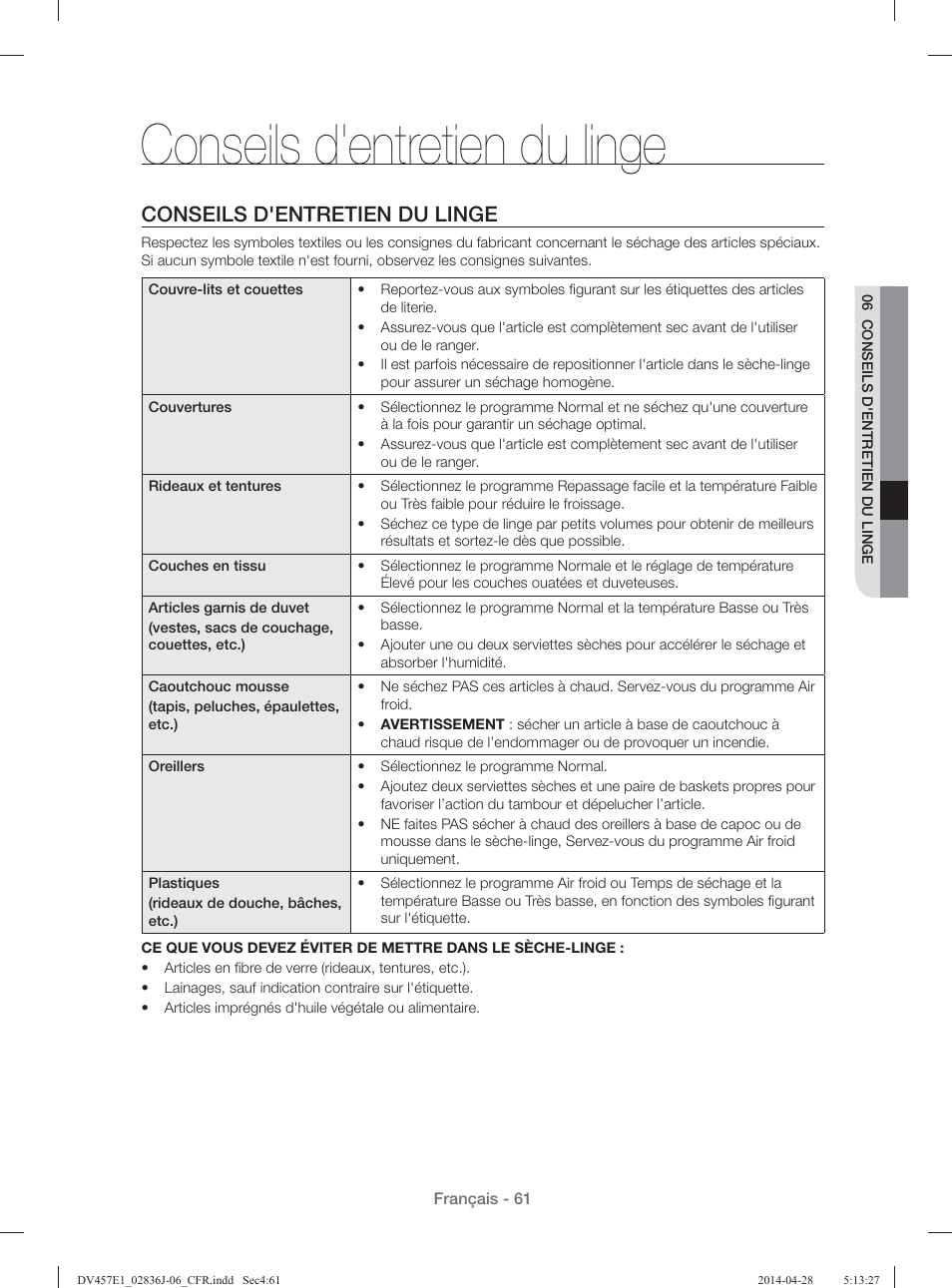 Conseils d'entretien du linge | Samsung DV457E1GSGR-A1 User Manual | Page 137 / 228