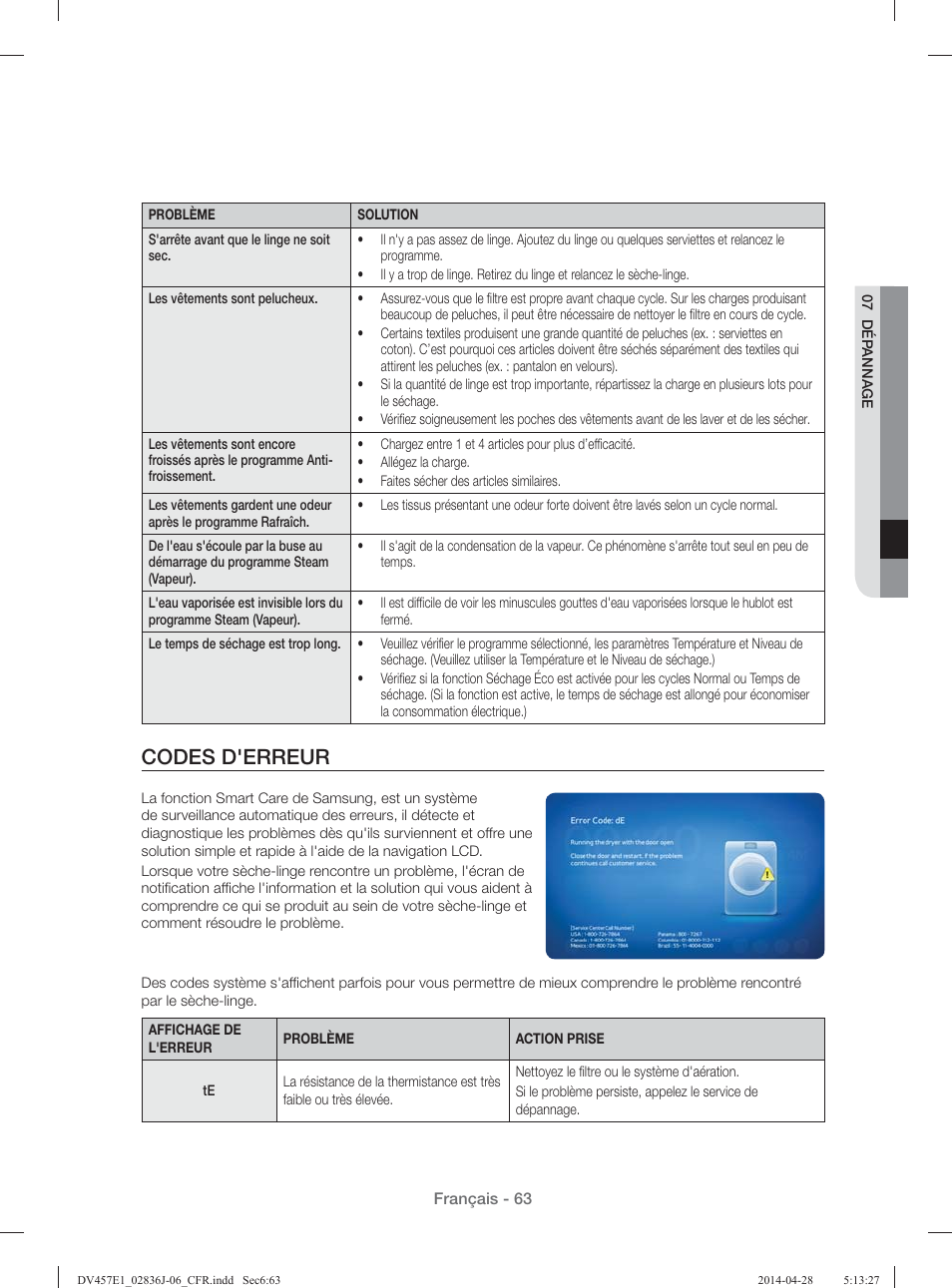 Codes d'erreur | Samsung DV457E1GSGR-A1 User Manual | Page 139 / 228