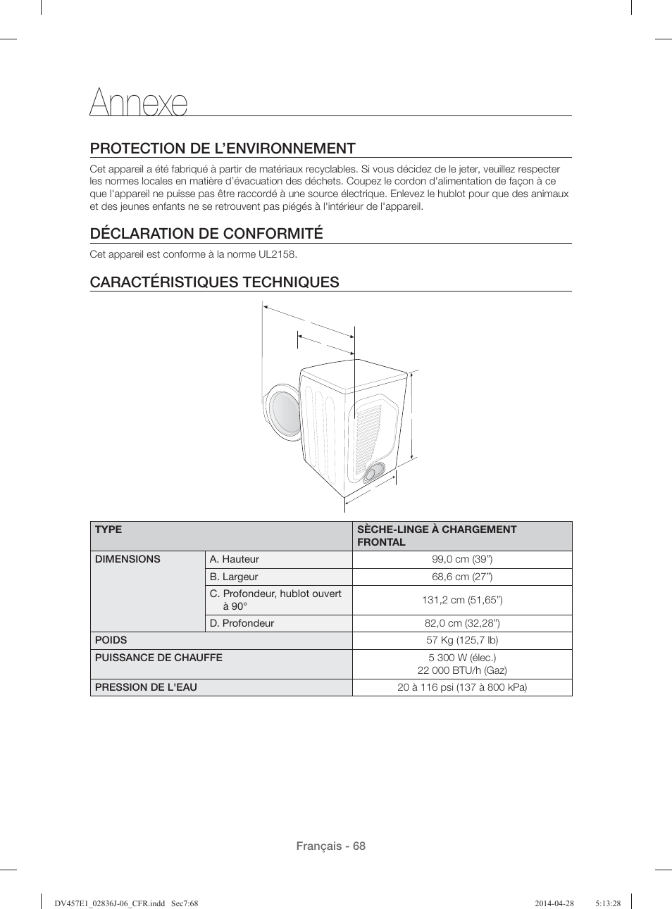 Annexe, Protection de l’environnement, Déclaration de conformité | Caractéristiques techniques | Samsung DV457E1GSGR-A1 User Manual | Page 144 / 228