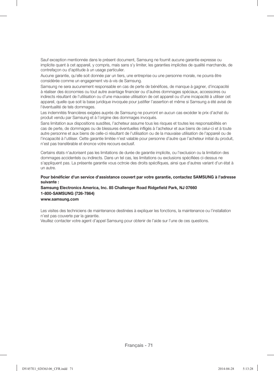 Français - 71 | Samsung DV457E1GSGR-A1 User Manual | Page 147 / 228