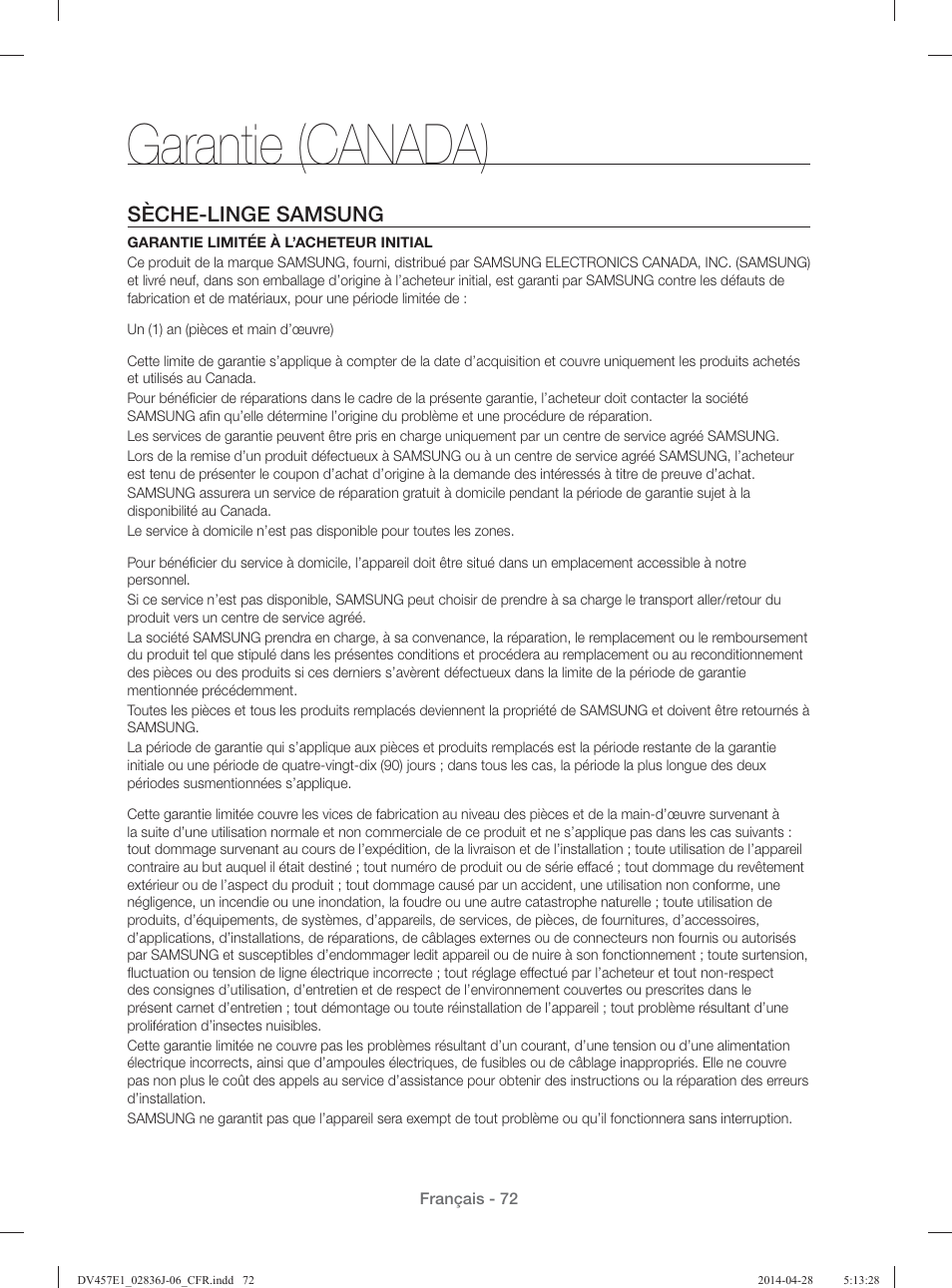 Garantie (canada), Sèche-linge samsung | Samsung DV457E1GSGR-A1 User Manual | Page 148 / 228