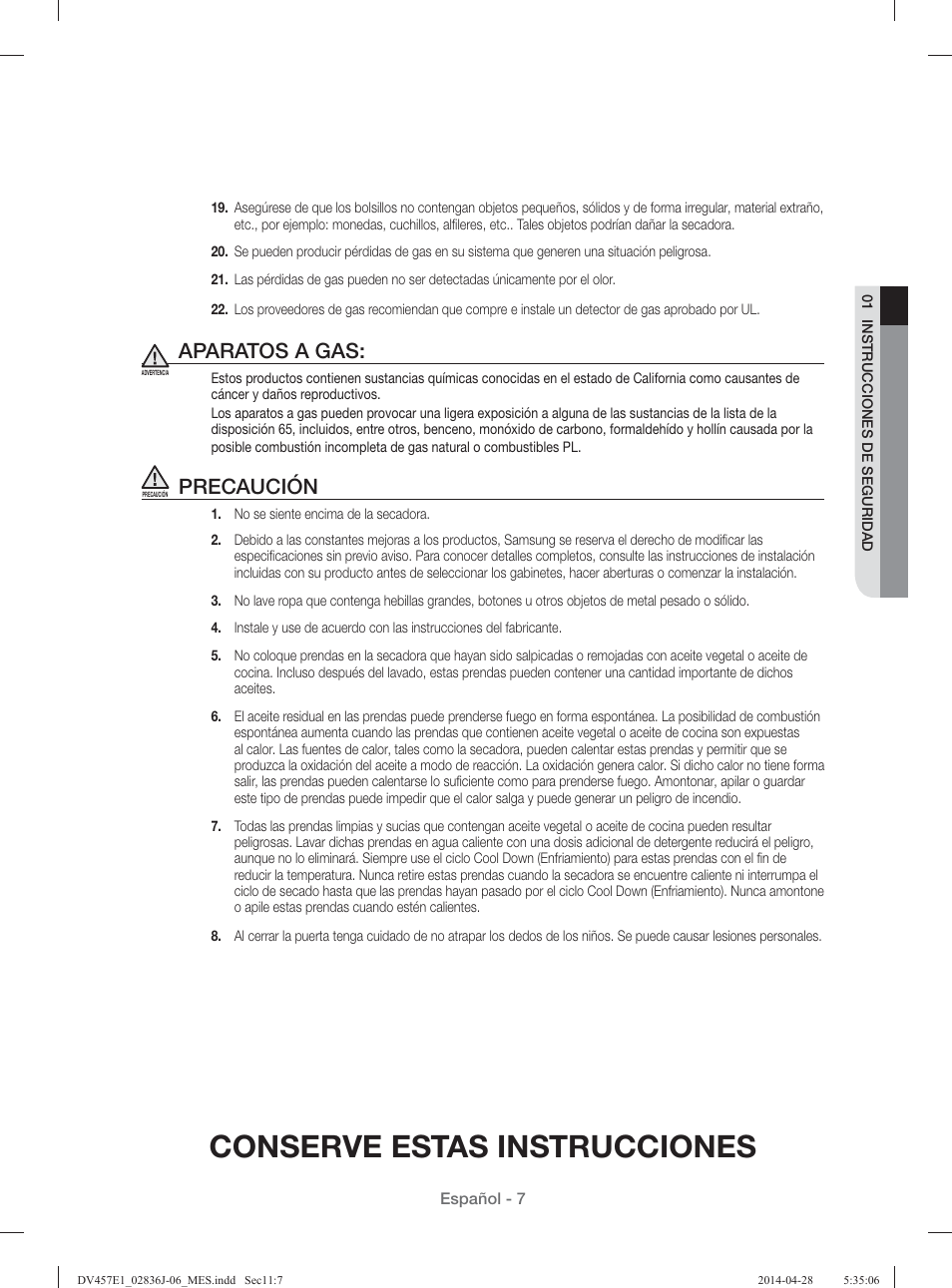Conserve estas instrucciones, Aparatos a gas, Precaución | Samsung DV457E1GSGR-A1 User Manual | Page 159 / 228