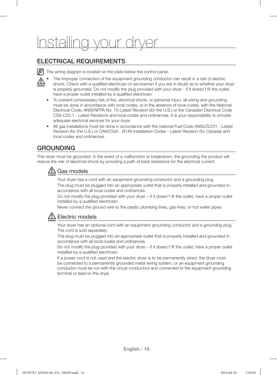Installing your dryer, Electrical requirements, Grounding | Gas models, Electric models | Samsung DV457E1GSGR-A1 User Manual | Page 16 / 228