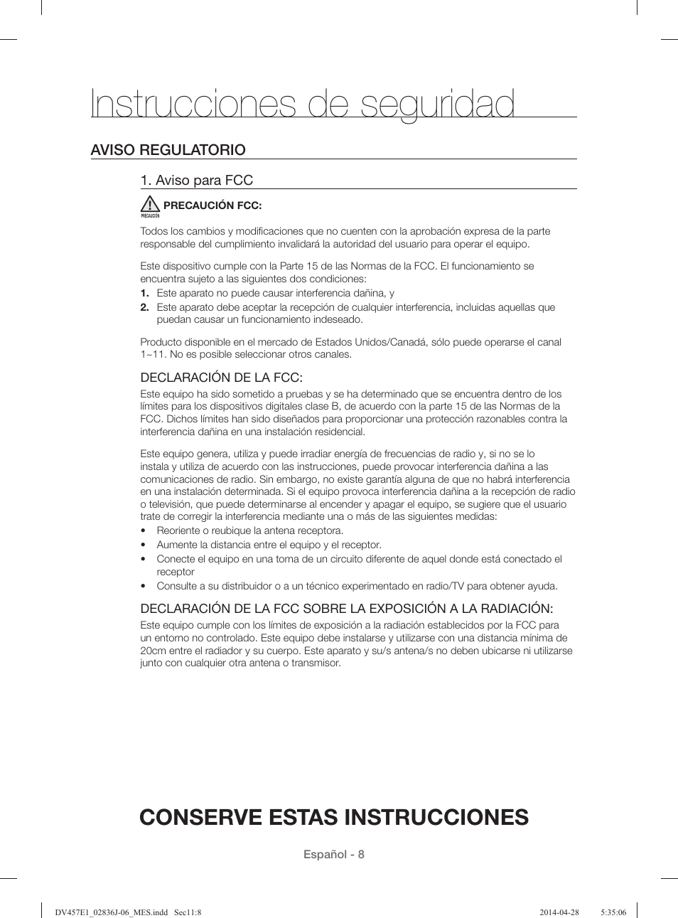 Instrucciones de seguridad, Conserve estas instrucciones, Aviso regulatorio | Samsung DV457E1GSGR-A1 User Manual | Page 160 / 228