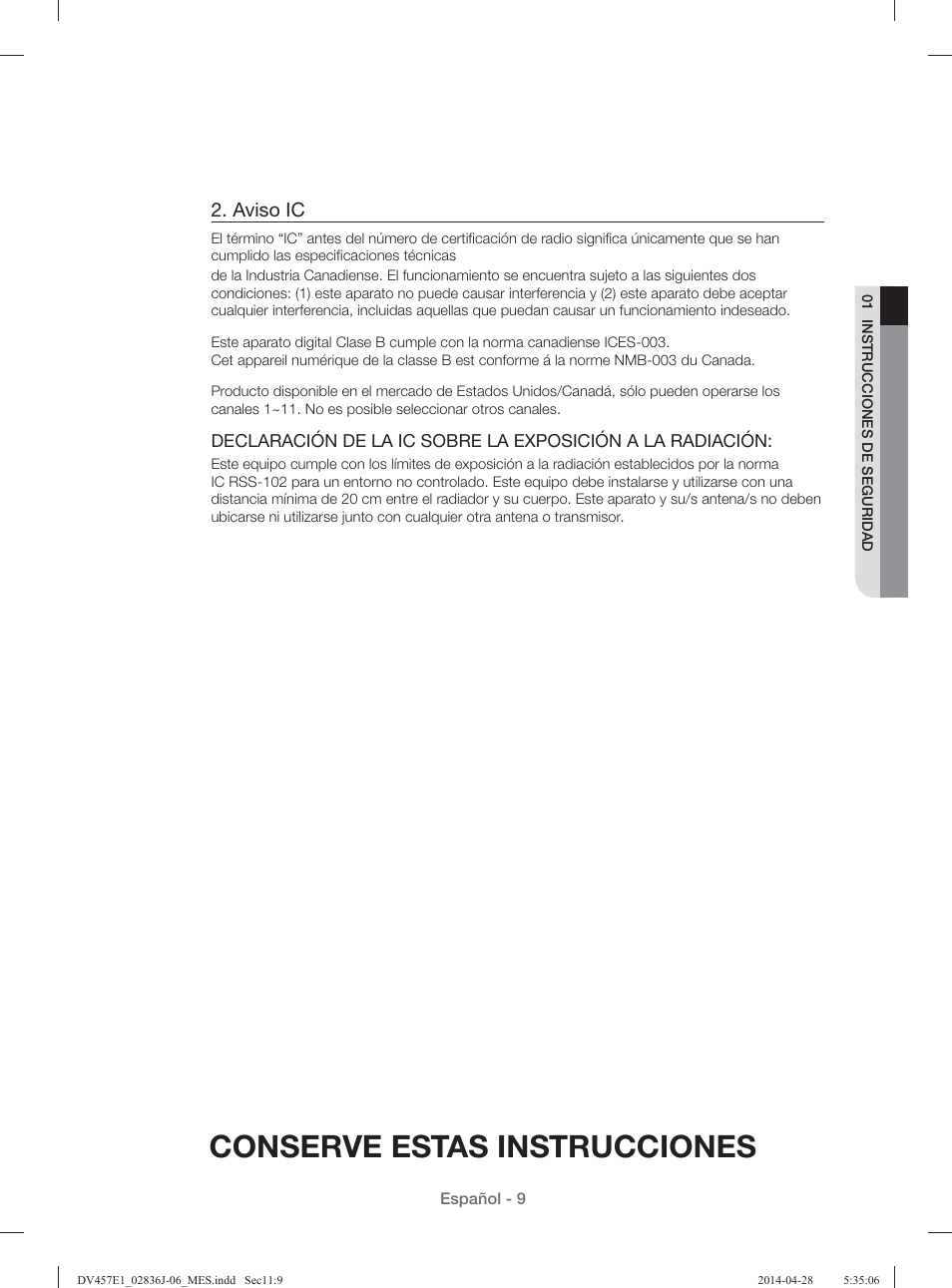 Conserve estas instrucciones, Aviso ic | Samsung DV457E1GSGR-A1 User Manual | Page 161 / 228