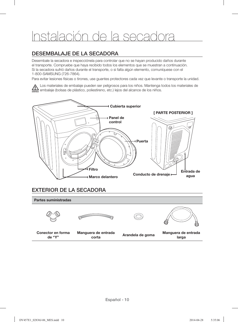 Instalación de la secadora, Desembalaje de la secadora, Exterior de la secadora | Samsung DV457E1GSGR-A1 User Manual | Page 162 / 228