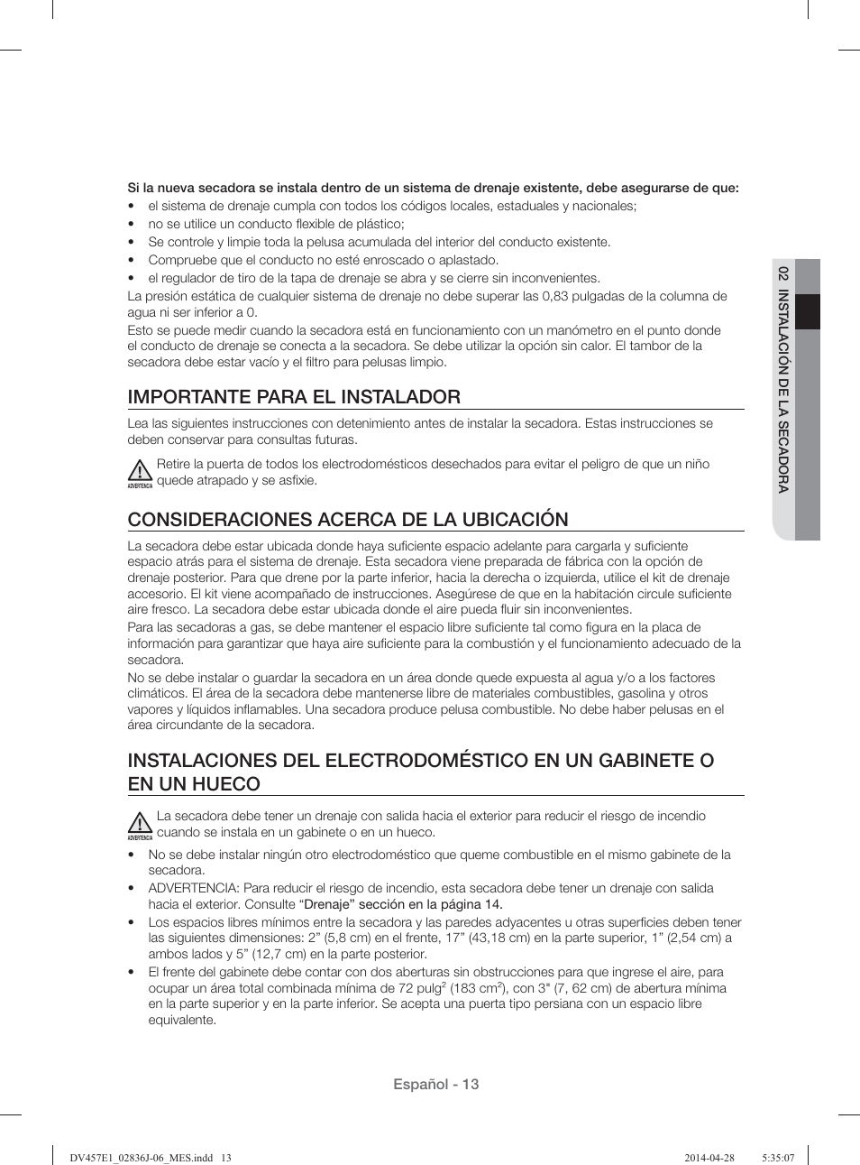 Importante para el instalador, Consideraciones acerca de la ubicación | Samsung DV457E1GSGR-A1 User Manual | Page 165 / 228