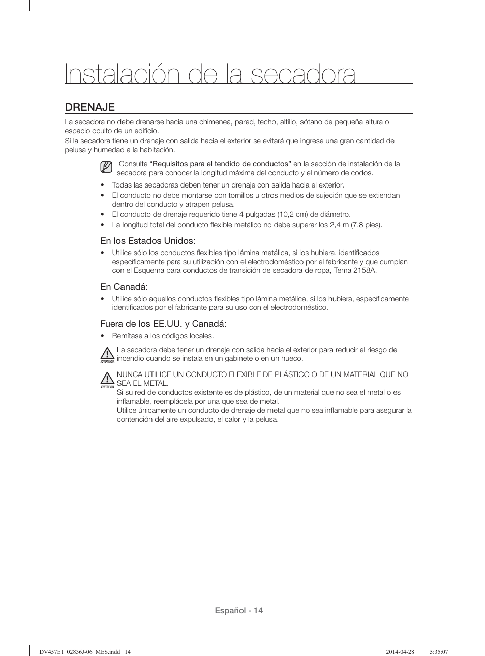 Instalación de la secadora, Drenaje | Samsung DV457E1GSGR-A1 User Manual | Page 166 / 228