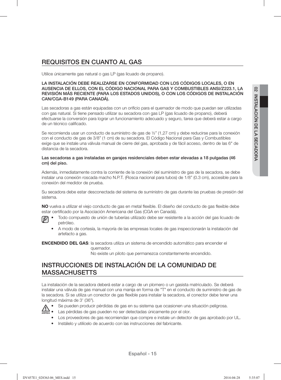 Requisitos en cuanto al gas | Samsung DV457E1GSGR-A1 User Manual | Page 167 / 228